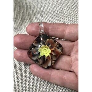 Blown Art Glass Murano Style Pendant Necklace Charm Yellow Flower Glitter Fairy